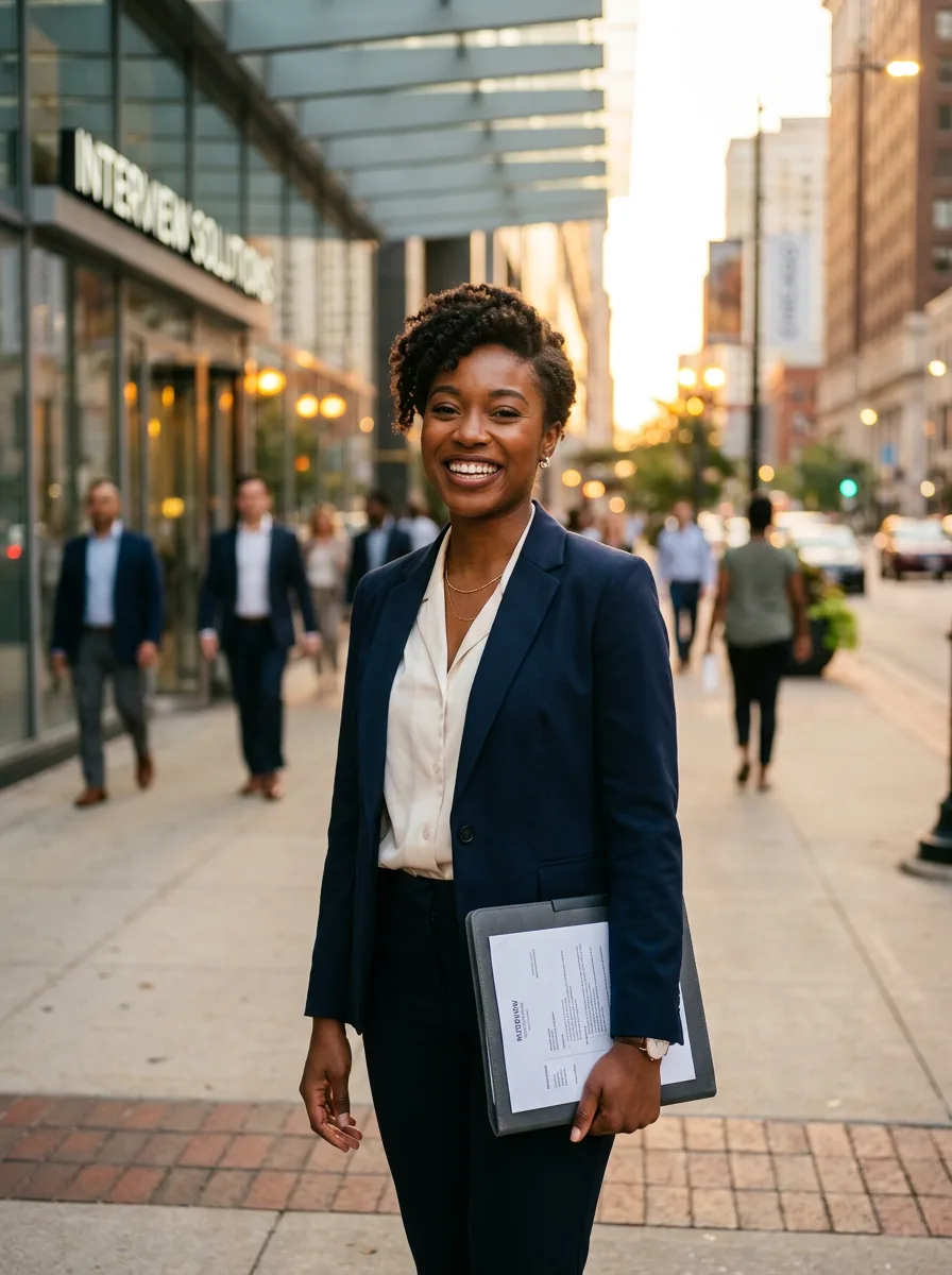 Confident job seeker walking out of a successful interview